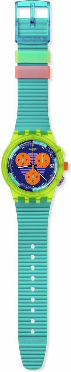 SWATCH Neon Wave Chronograph 42mm Turquoise Silicon Strap SUSJ404 - 