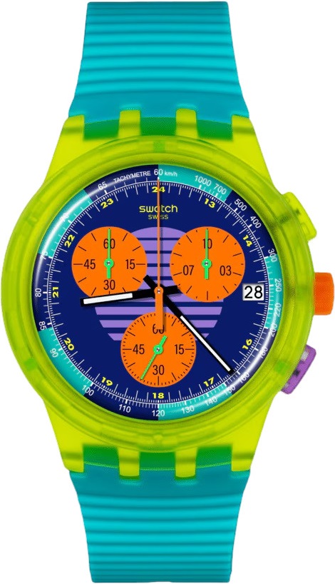 SWATCH Neon Wave Chronograph 42mm Turquoise Silicon Strap SUSJ404 - 