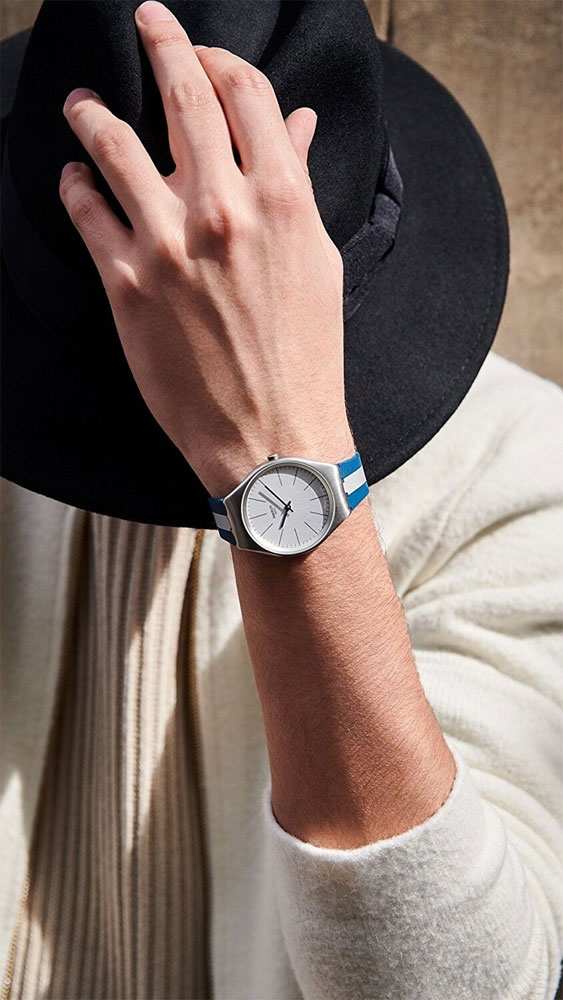 SWATCH Skinspring Three Hands 38mm Stainless Steel Two Tone Blue & Silver Silicone Strap SYXS107 - 2