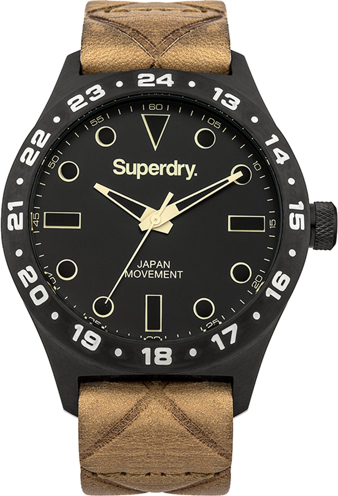 SUPERDRY Match Three Hands 44mm Black Stainless Steel Brown Leather Strap SYG127T - 