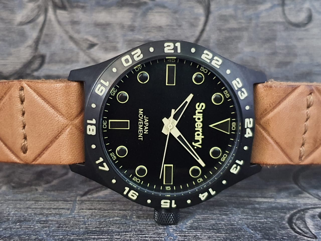 SUPERDRY Match Three Hands 44mm Black Stainless Steel Brown Leather Strap SYG127T - 
