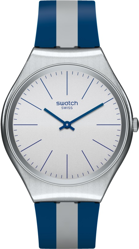 SWATCH Skinspring Three Hands 38mm Stainless Steel Two Tone Blue & Silver Silicone Strap SYXS107 - 1