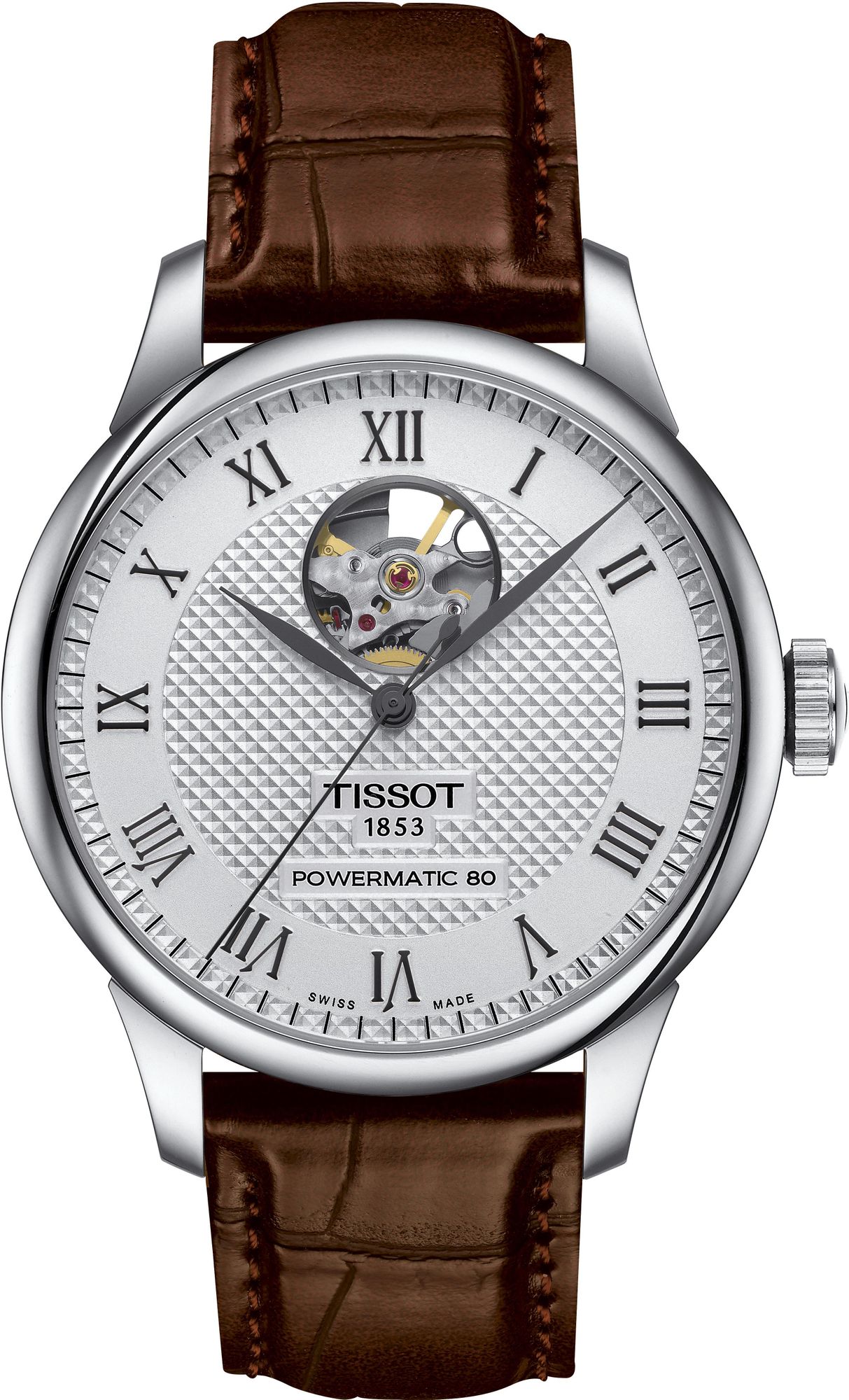 TISSOT Le Locle Powermatic 80 Open Heart Silver Dial 39.3mm Silver Stainless Steel Brown Leather Strap T006.407.16.033.01 - 