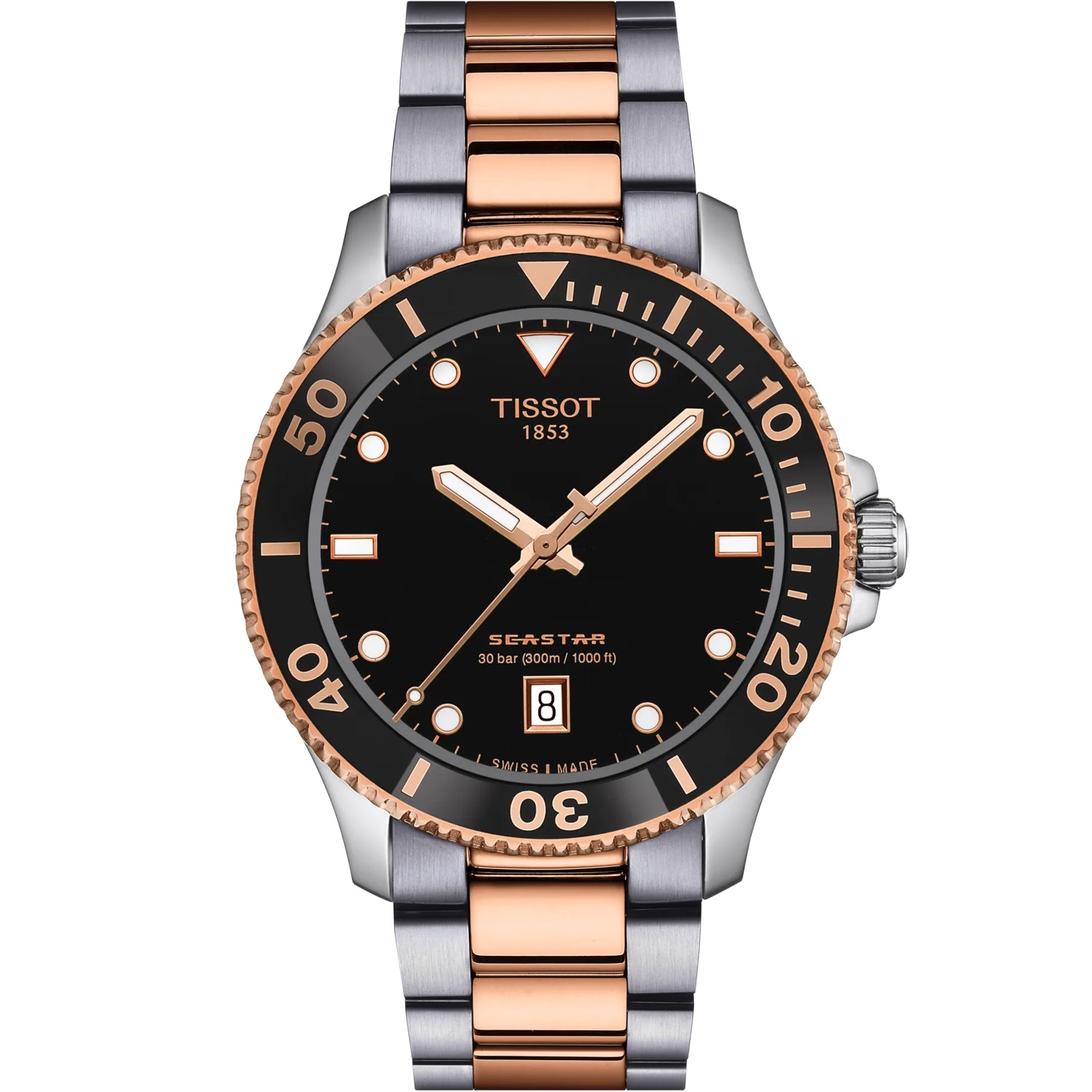 TISSOT Seastar 1000 Quartz Black Dial 40mm Two Tone Rose Gold Stainless Steel Bracelet T120.410.22.051.01 - 