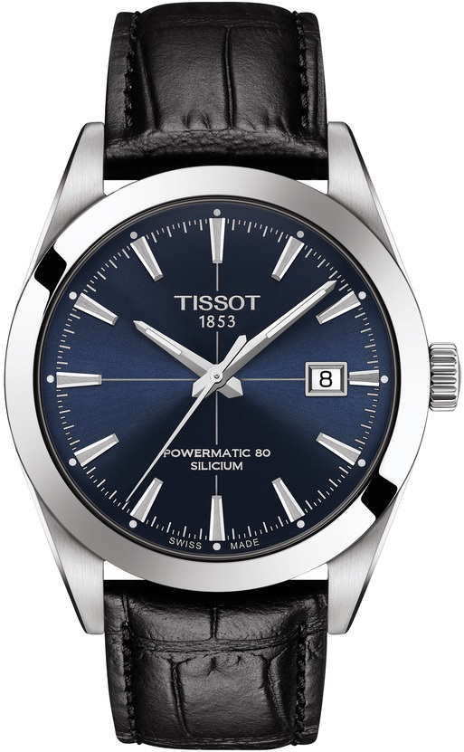 TISSOT Gentleman Powermatic 80 Silicium Three Hands 40mm Silver Stainless Steel Black Leather Strap T127.407.16.041.01 - 