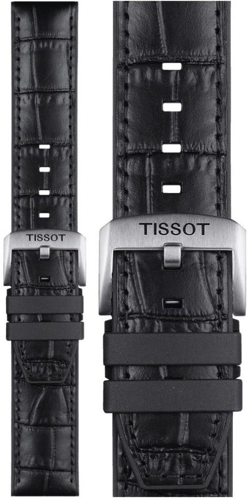 TISSOT Official 22mm Black Leather & Rubber Parts Strap Silver Hardware T852046761 - 