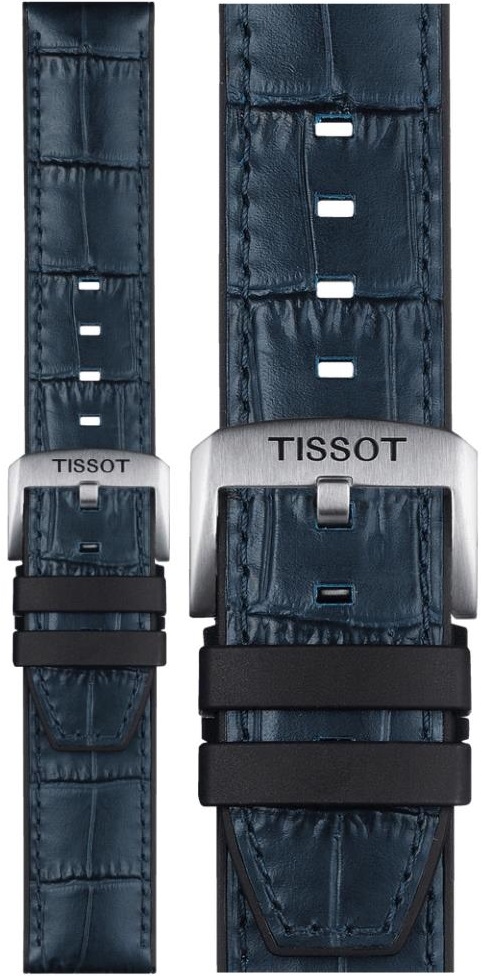 TISSOT Official 22mm Blue Leather & Rubber Parts Strap Silver Hardware T852046765 - 1