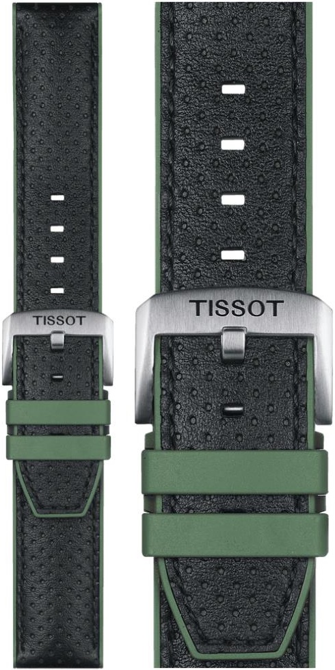 TISSOT Official 22mm Green Leather & Rubber Parts Strap Silver Hardware T852046787 - 