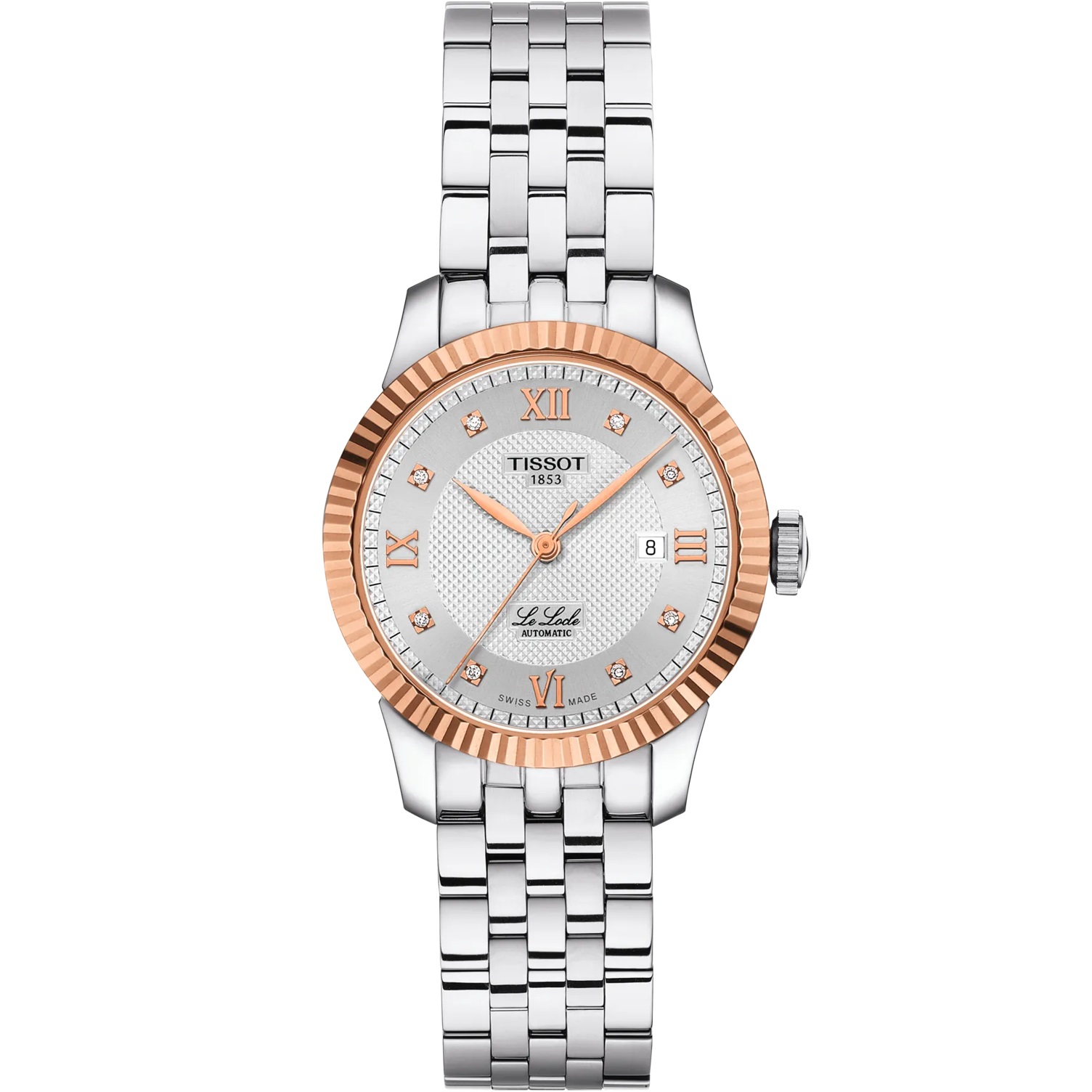 TISSOT Le Locle Automatic Lady's Silver Dial with Diamonds 29mm Rose Gold 18K Bezel Stainless Steel Bracelet T932.207.41.036.00 - 