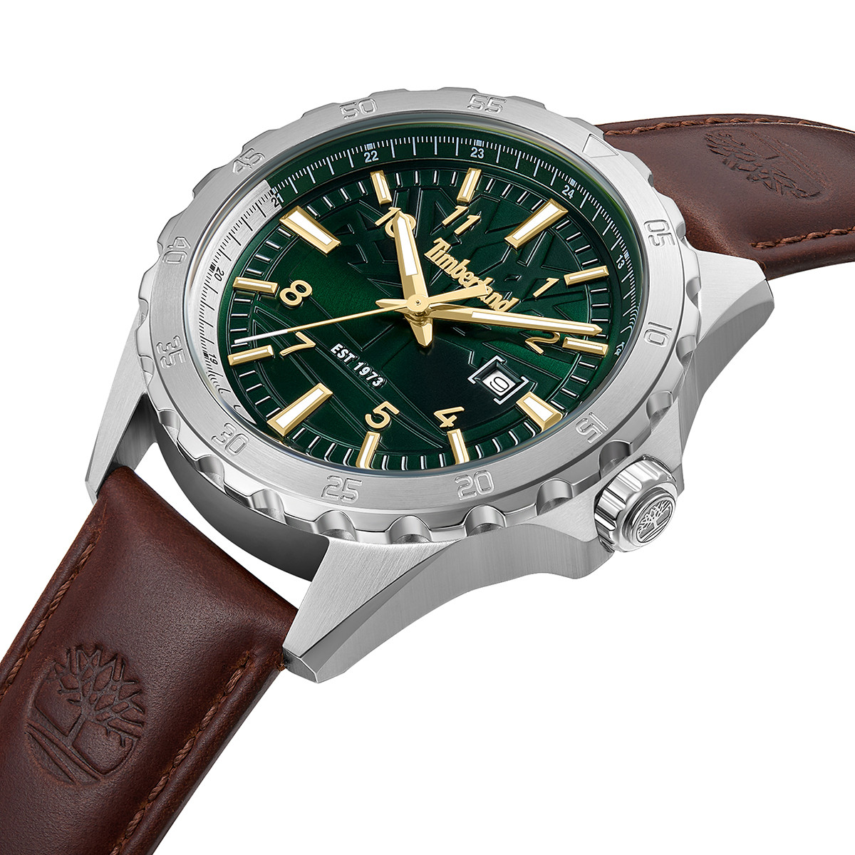 TIMBERLAND Day Pond Green Dial 45mm Silver Stainless Steel Brown Leather Strap TDWGB0055801 - 