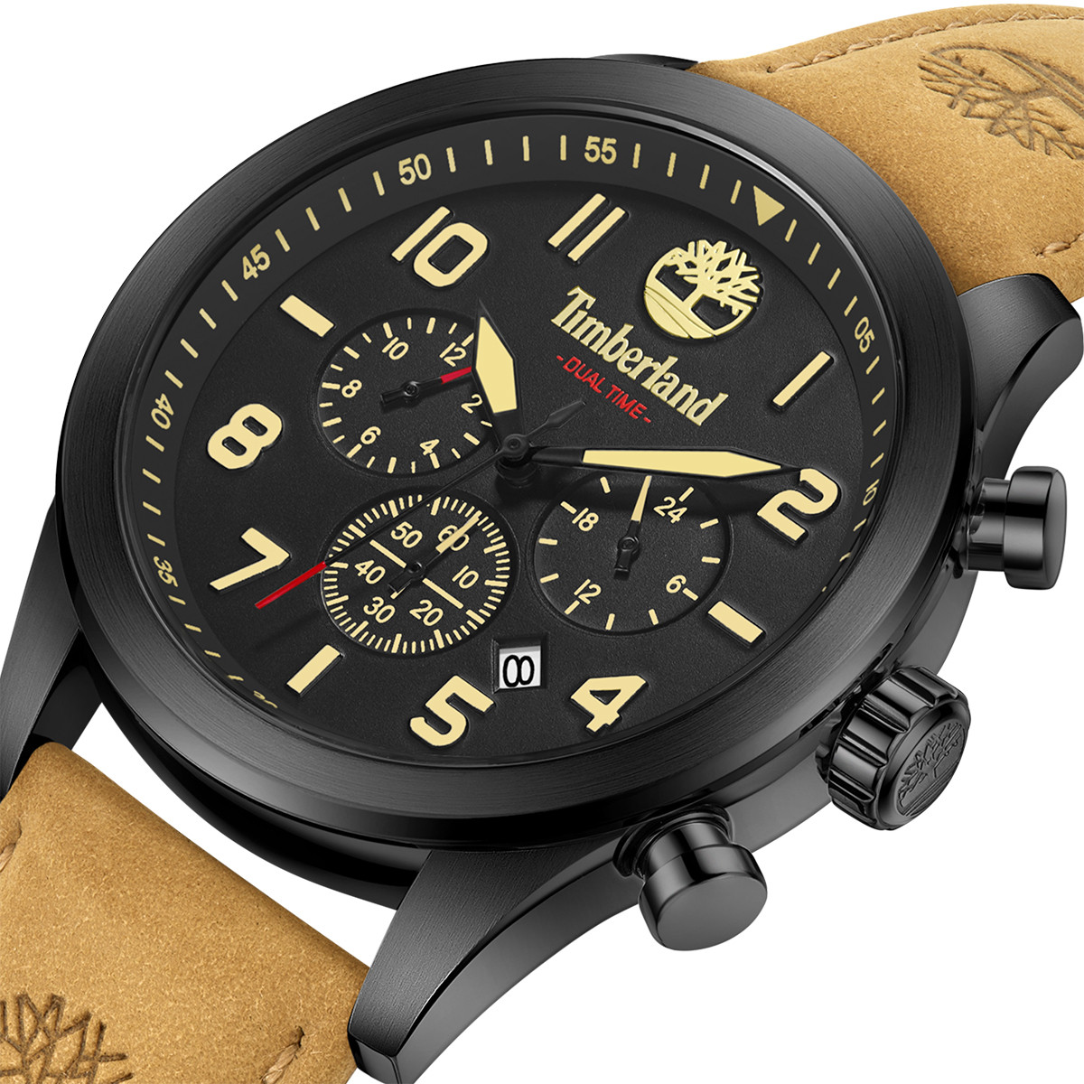 TIMBERLAND Ashmont Dual-Time Multifunction 46mm Black Stainless Steel Brown Leather Strap TDWGF0009701 - 
