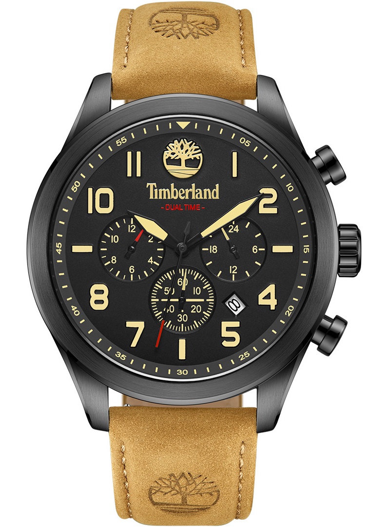 TIMBERLAND Ashmont Dual-Time Multifunction 46mm Black Stainless Steel Brown Leather Strap TDWGF0009701 - 