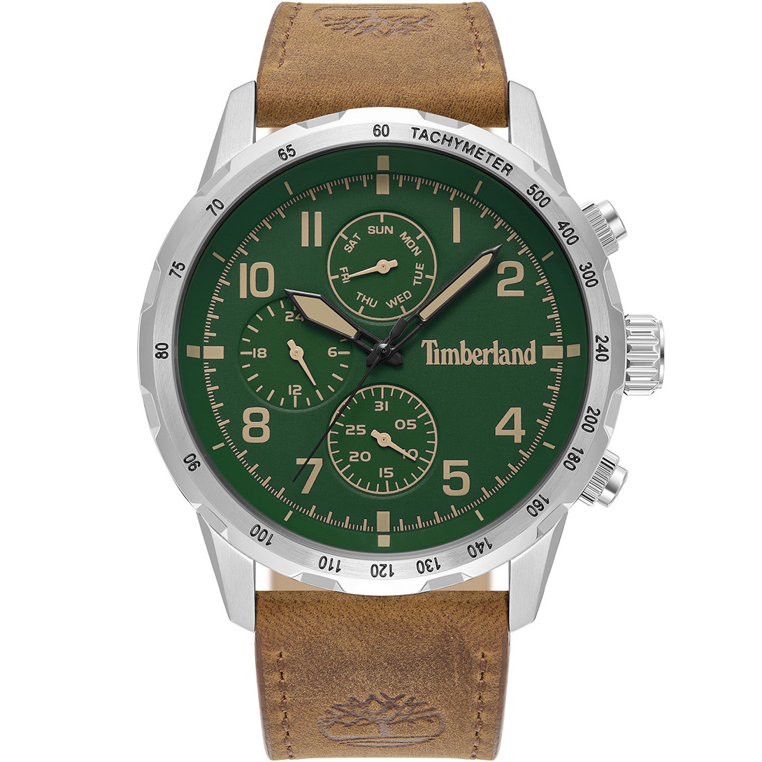 TIMBERLAND Campton Multifunction Green Dial 44mm Silver Stainless Steel Brown Leather Strap TDWGF0055402 - 