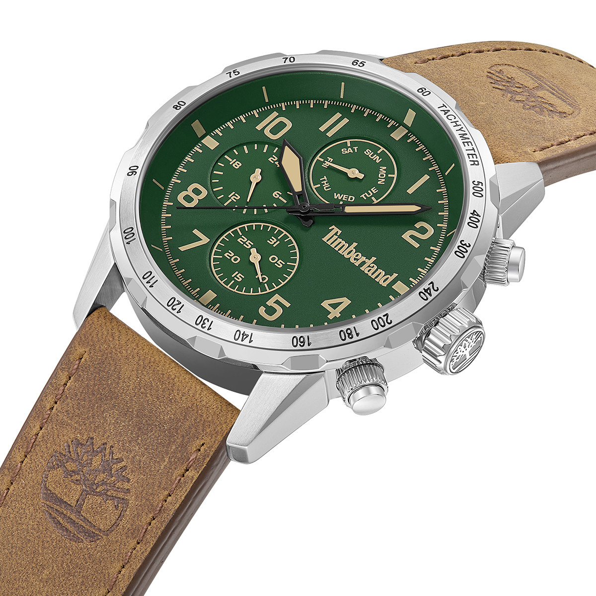 TIMBERLAND Campton Multifunction Green Dial 44mm Silver Stainless Steel Brown Leather Strap TDWGF0055402 - 