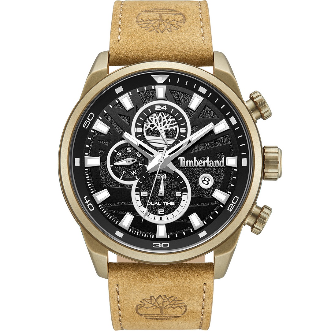TIMBERLAND Henniker II Multifunction Black Dial 46mm Gold Metal Brown Leather Strap TDWGF0056302 - 