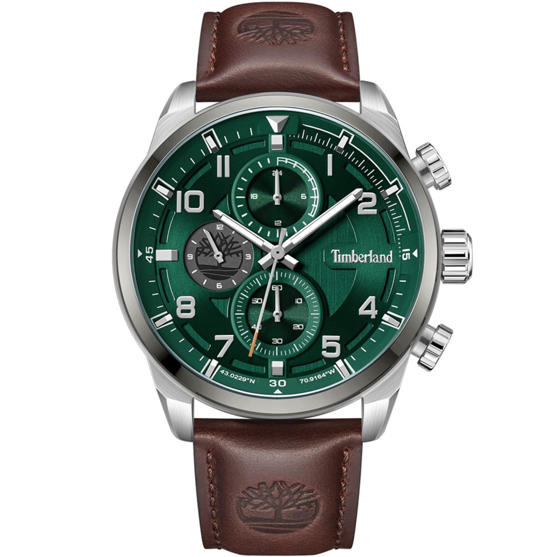TIMBERLAND Henniker II Dual Time Green Dial 46mm Silver Stainless Steel Brown Leather Strap TDWGF2201101M - 