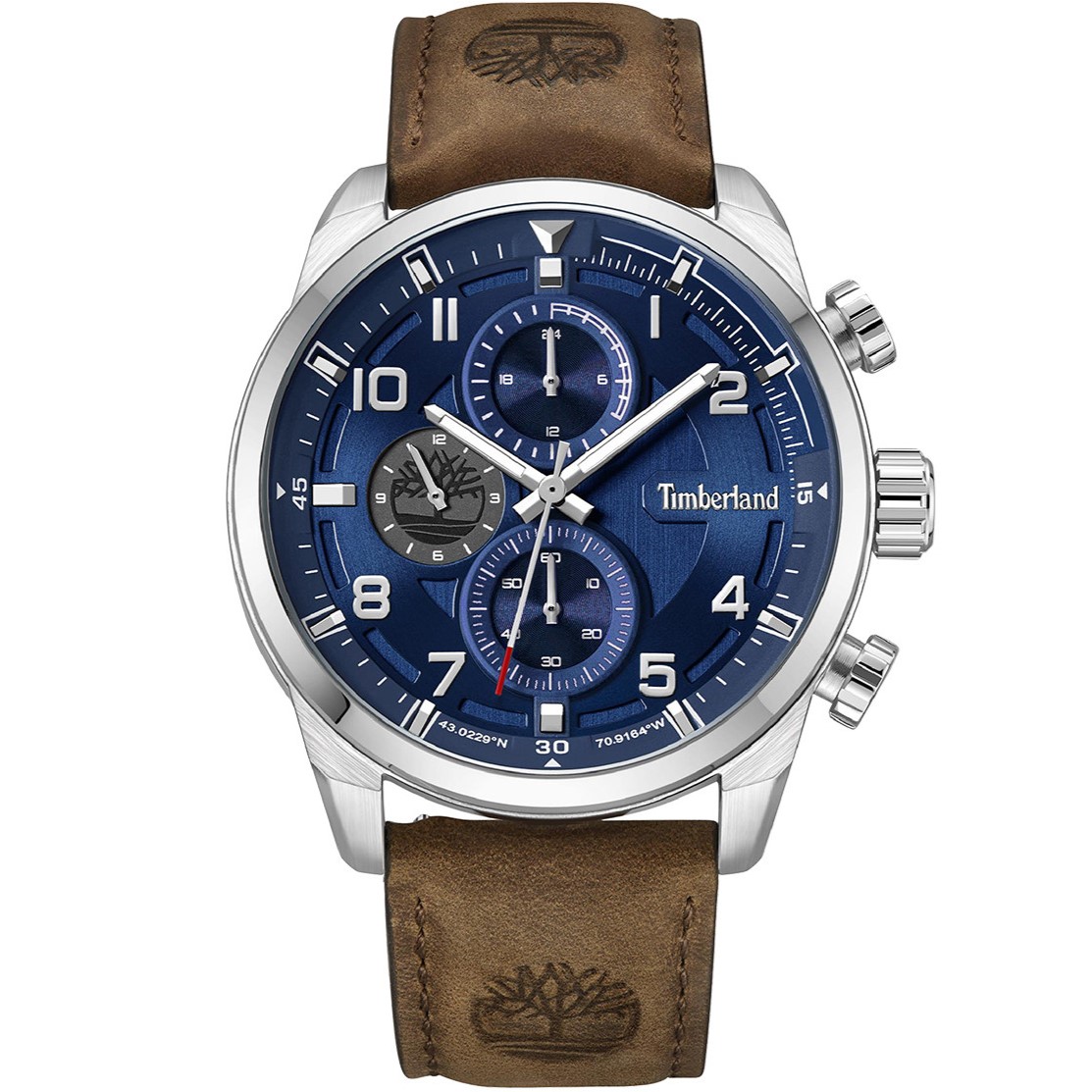 TIMBERLAND Henniker II Dual Time Blue Dial 46mm Silver Stainless Steel Brown Leather Strap TDWGF2201106M - 