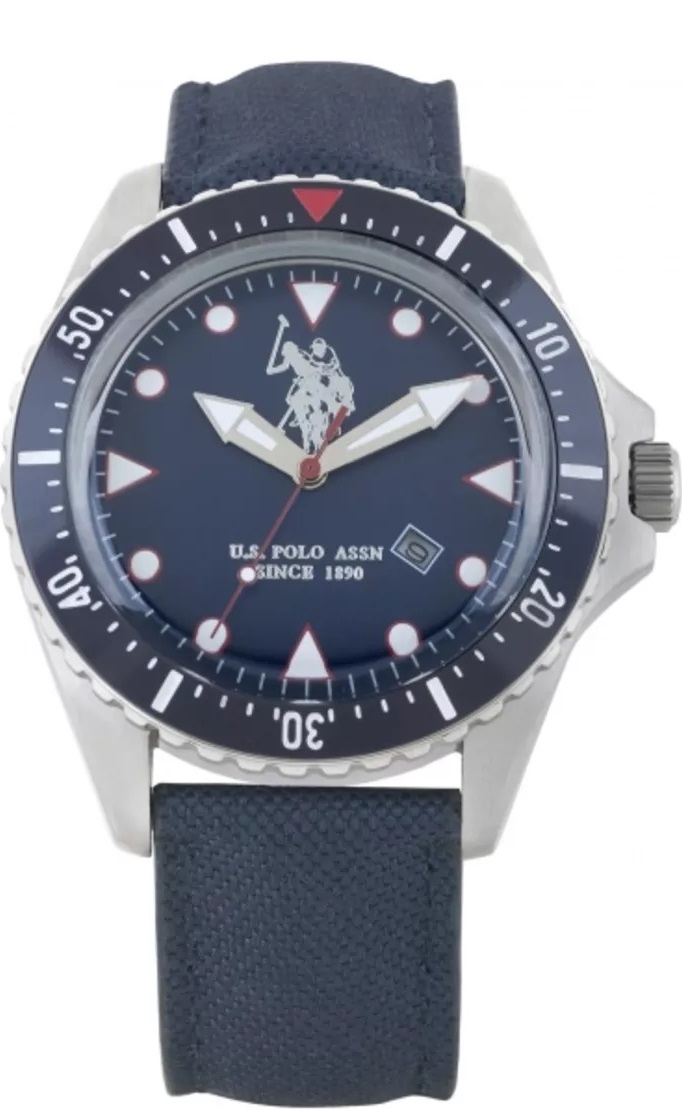 U.S. POLO Three Hands 45mm Silver Stainless Steel Blue Fabric Strap USP4199BK - 