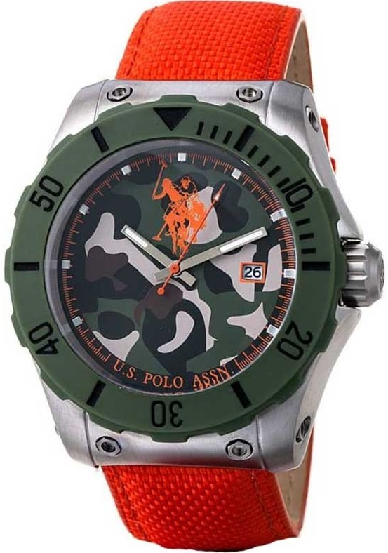 U.S. POLO Three Hands 45mm Silver Stainless Steel Orange Fabric Strap USP4234OR - 