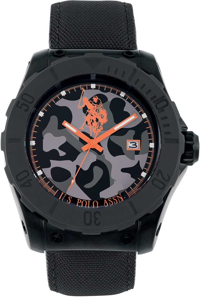 U.S. POLO Three Hands 45mm Black Stainless Steel Black Fabric Strap USP4237OR - 