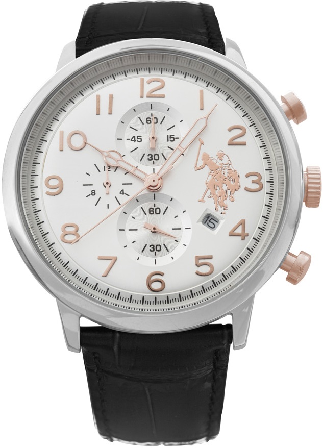U.S. POLO Varenne Chronograph 44mm Silver Stainless Steel Black Leather Strap USP4354ST - 