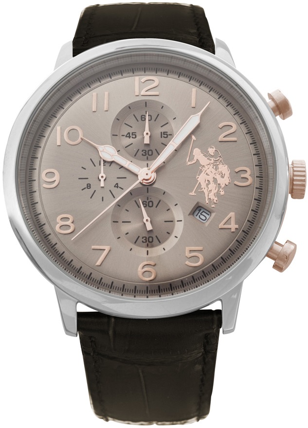 U.S. POLO Varenne Chronograph 44mm Silver Stainless Steel Brown Leather Strap USP4355BR - 