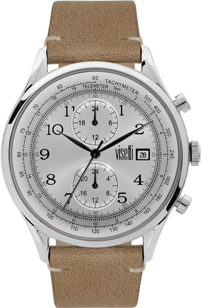 Visetti Apollo Multifunction 44mm Silver Stainless Steel Brown Leather Strap ZE-638SBE - 