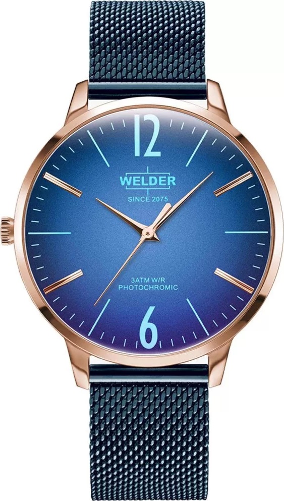 WELDER Slim Three Hands 36mm Blue Stainless Steel Mesh Bracelet WRS607 - 
