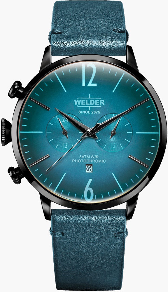 WELDER Smoothie Dual Time 45mm Black Stainless Steel Blue Leather Strap WWRC308 - 