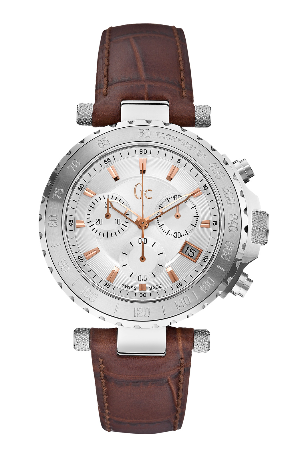 GUESS COLLECTION Chronograph 40mm Silver Stainless Steel Brown Leather Strap X58005G1S - 