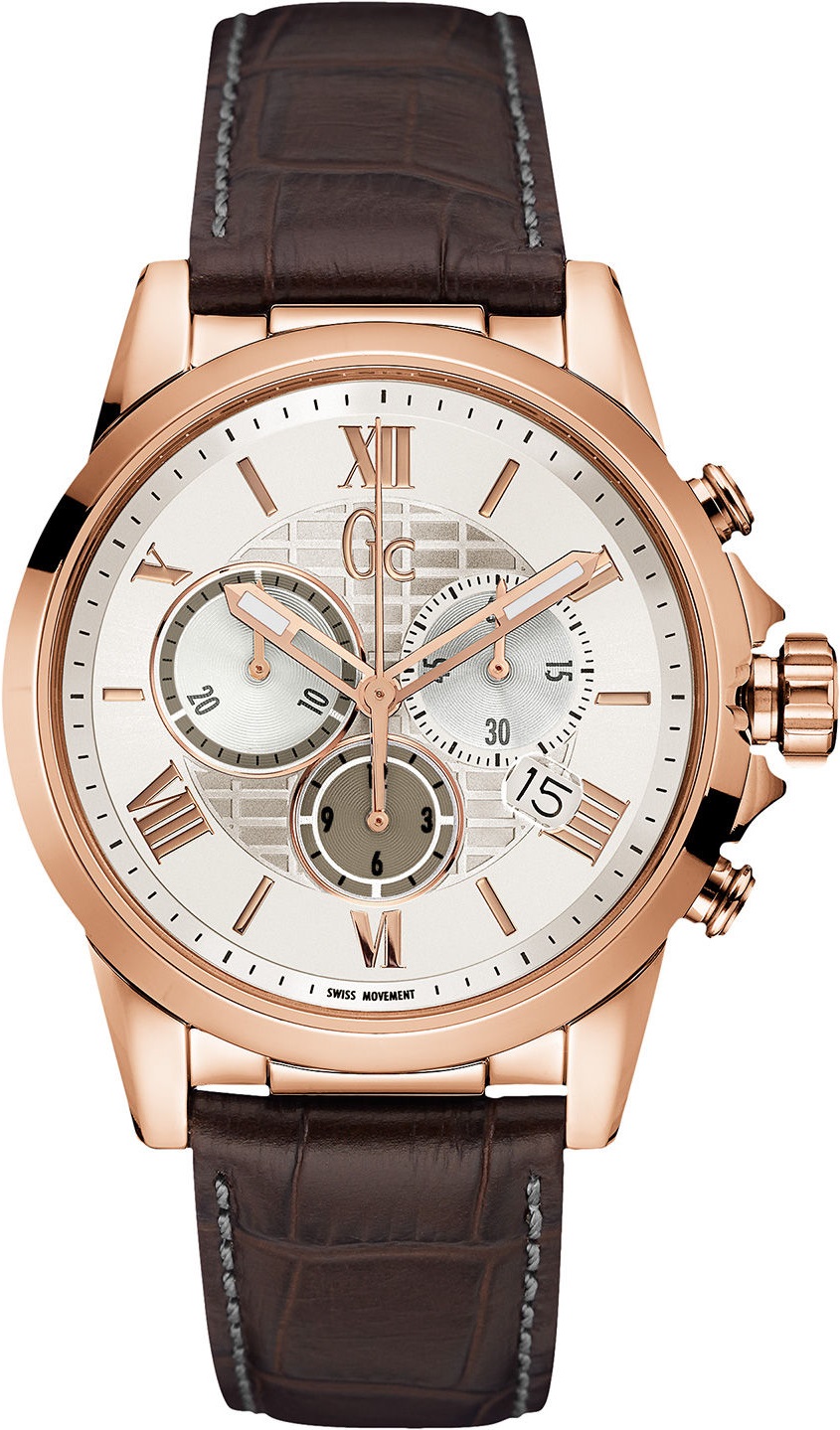 GUESS COLLECTION Luxury Chronograph 42mm Gold Stainless Steel Brown Leather Strap Y08006G1 - 