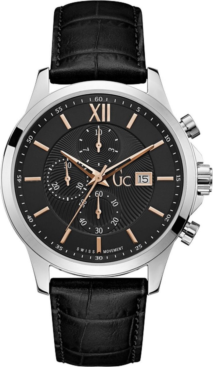 GUESS COLLECTION Luxury Chronograph Black Dial 44mm Silver Stainless Steel Black Leather Strap Y27001G2 - 