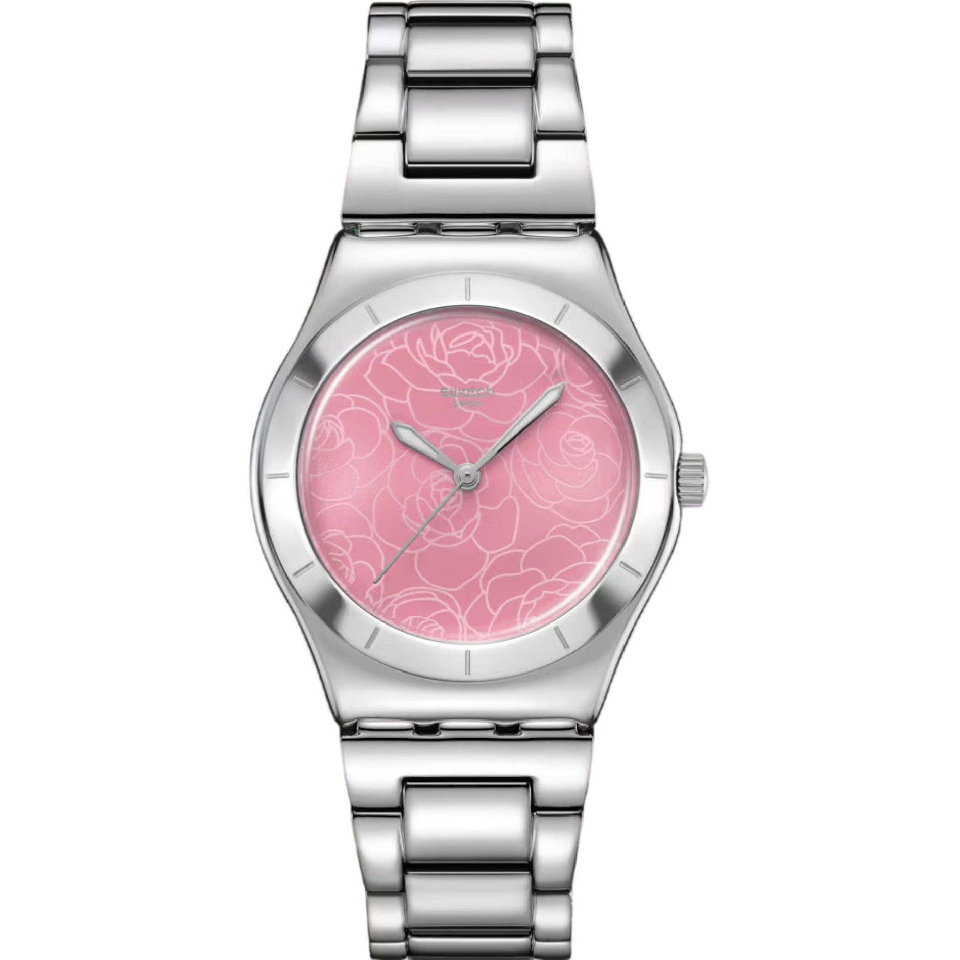 SWATCH Blossom Time Petal Charm 33mm Silver Stainless Steel Bracelet YLS234G - 