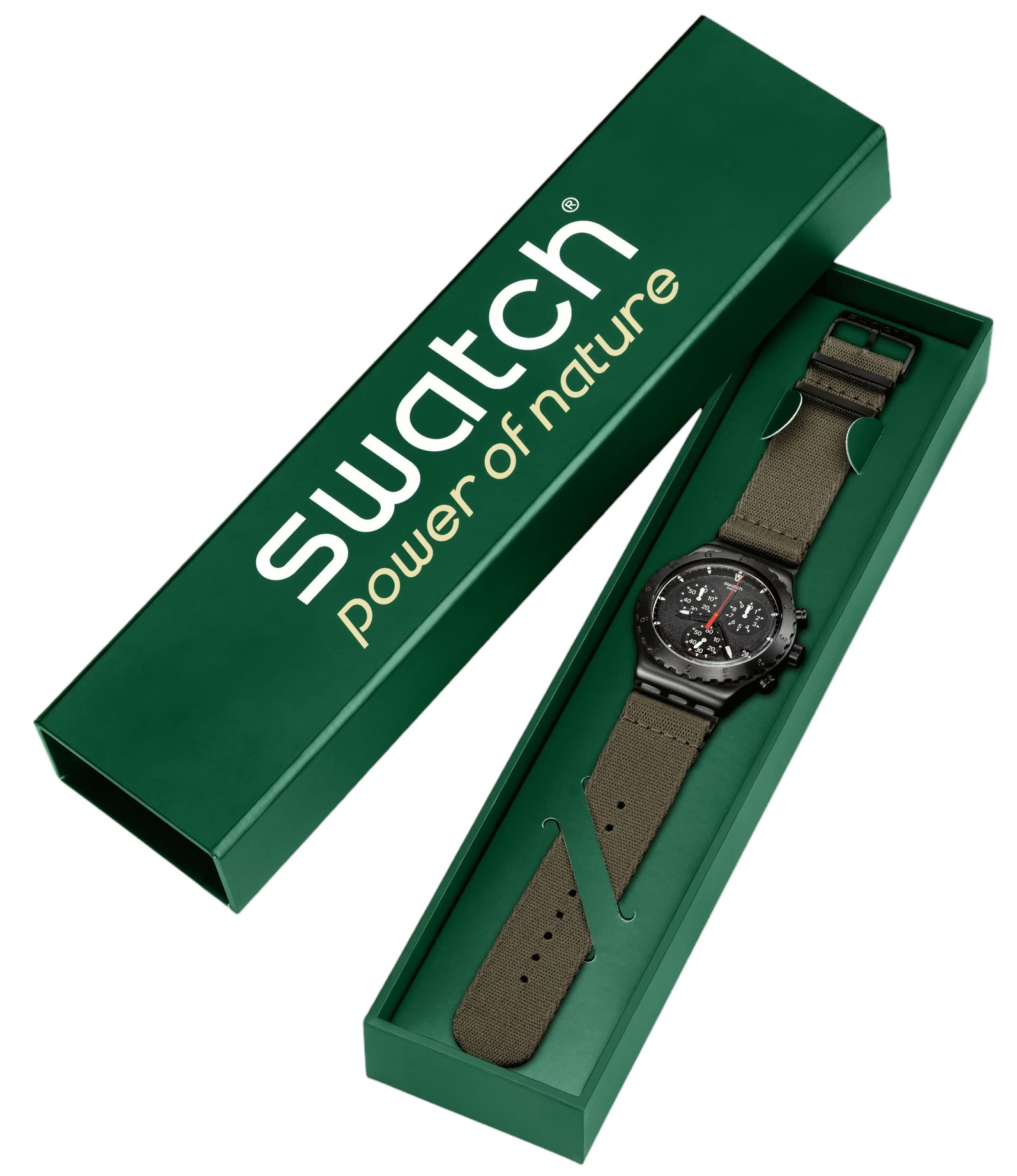 SWATCH Irony Chronograph Power Of Nature The Bonfire 43mm Black Stainless Steel Khaki Combined Materials Strap YVB416 - 11