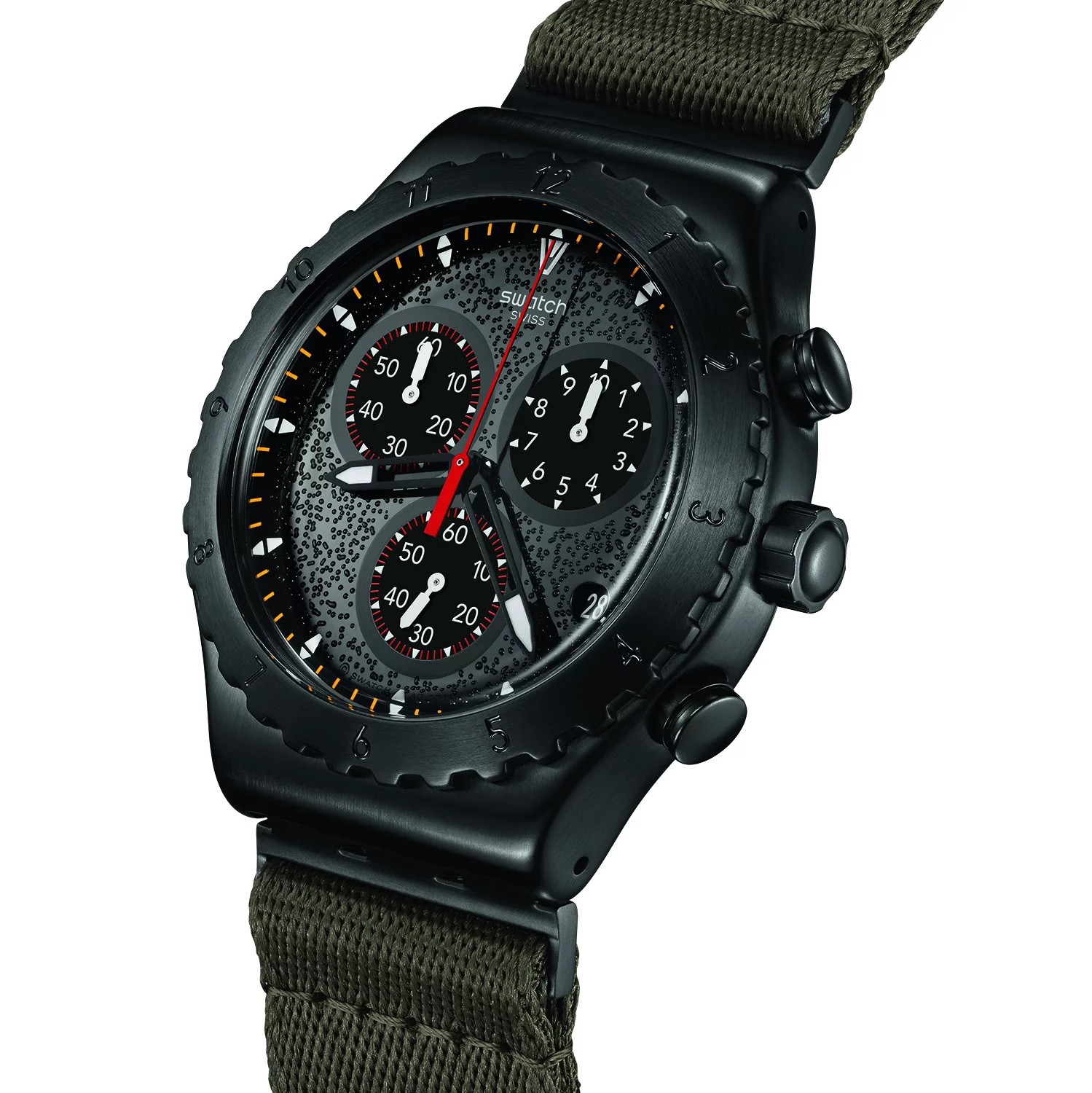 SWATCH Irony Chronograph Power Of Nature The Bonfire 43mm Black Stainless Steel Khaki Combined Materials Strap YVB416 - 2