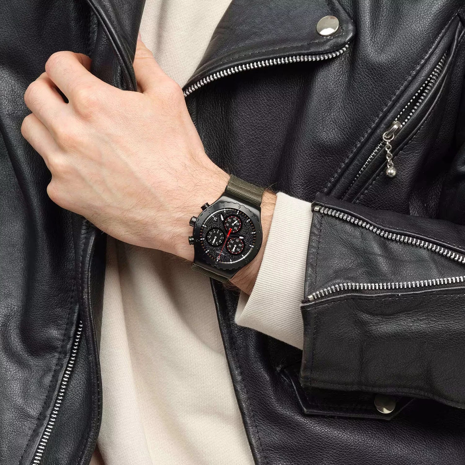 SWATCH Irony Chronograph Power Of Nature The Bonfire 43mm Black Stainless Steel Khaki Combined Materials Strap YVB416 - 4