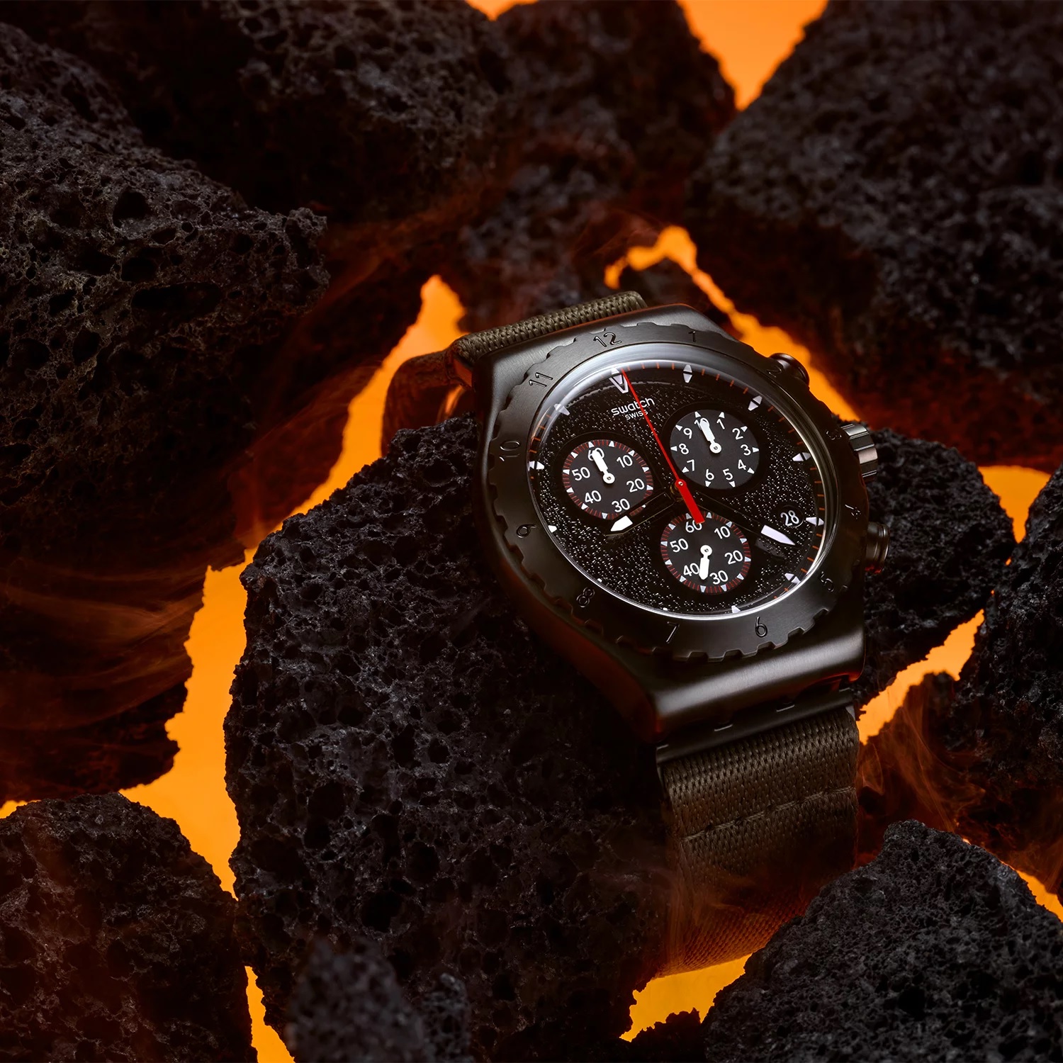 SWATCH Irony Chronograph Power Of Nature The Bonfire 43mm Black Stainless Steel Khaki Combined Materials Strap YVB416 - 5