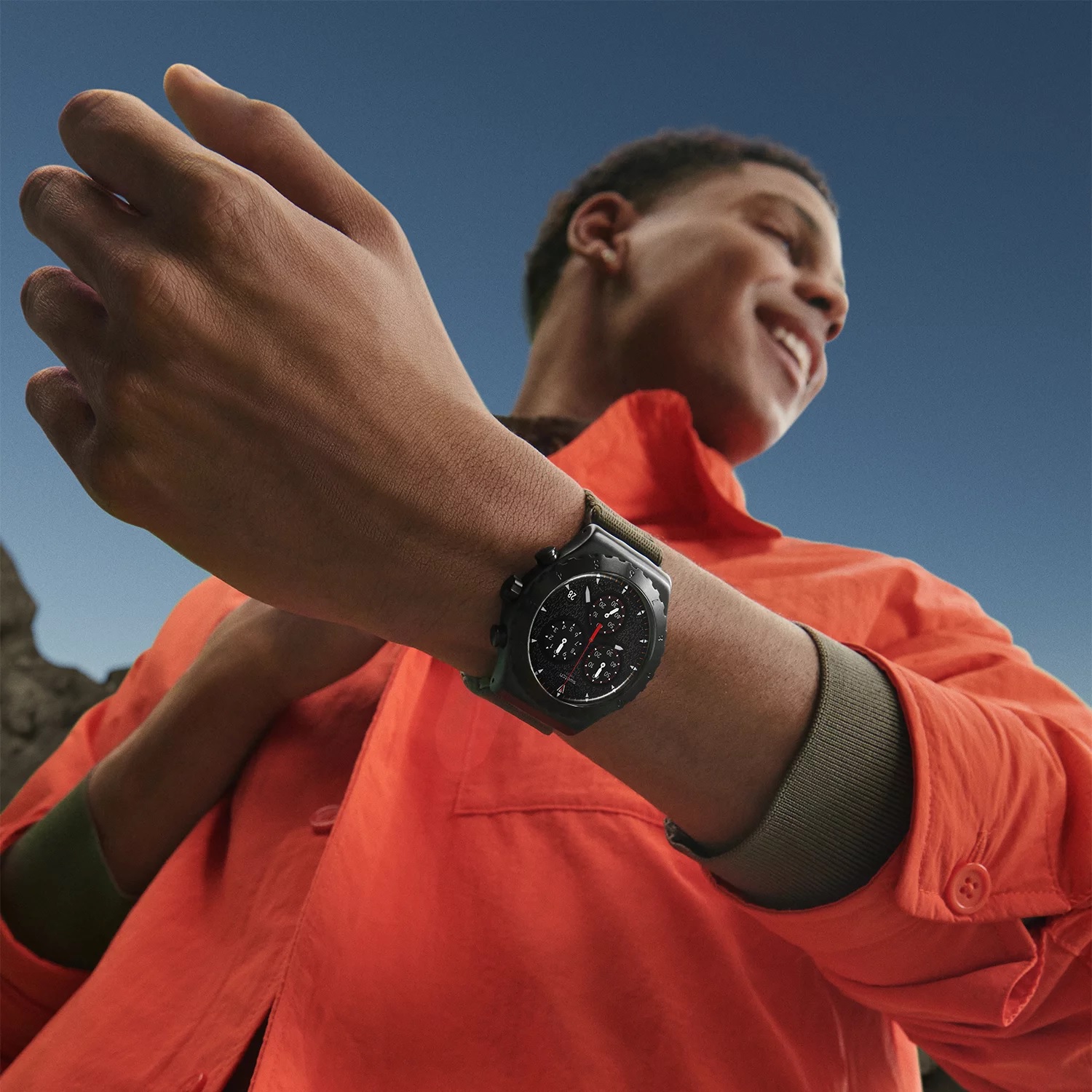 SWATCH Irony Chronograph Power Of Nature The Bonfire 43mm Black Stainless Steel Khaki Combined Materials Strap YVB416 - 6