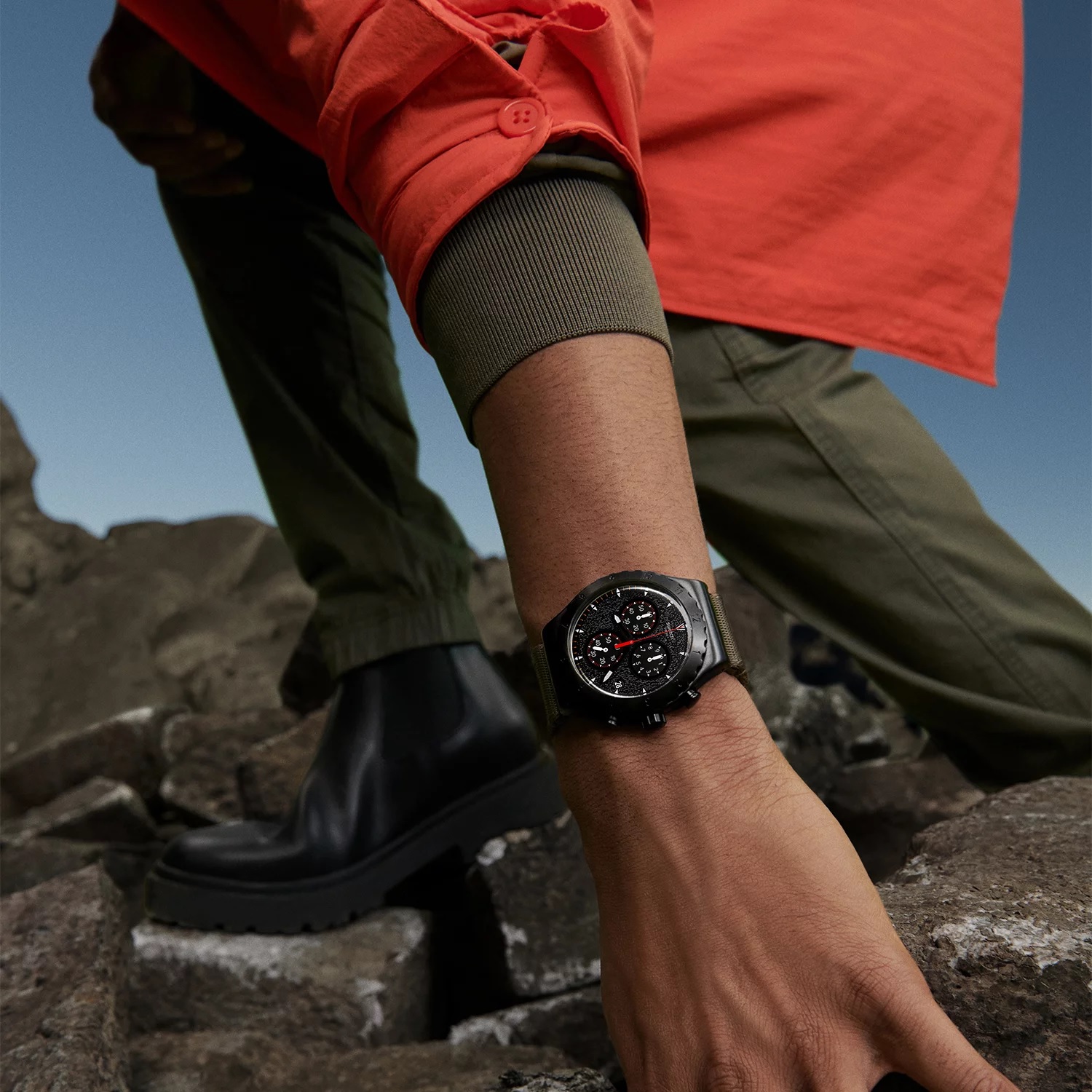 SWATCH Irony Chronograph Power Of Nature The Bonfire 43mm Black Stainless Steel Khaki Combined Materials Strap YVB416 - 7