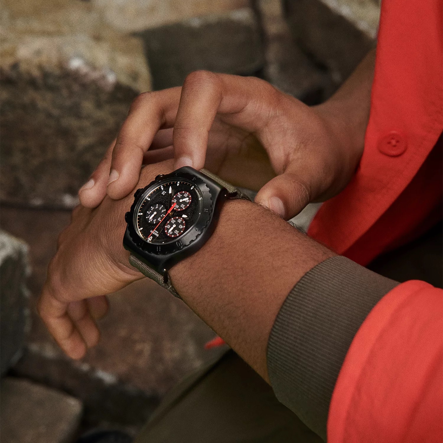 SWATCH Irony Chronograph Power Of Nature The Bonfire 43mm Black Stainless Steel Khaki Combined Materials Strap YVB416 - 8
