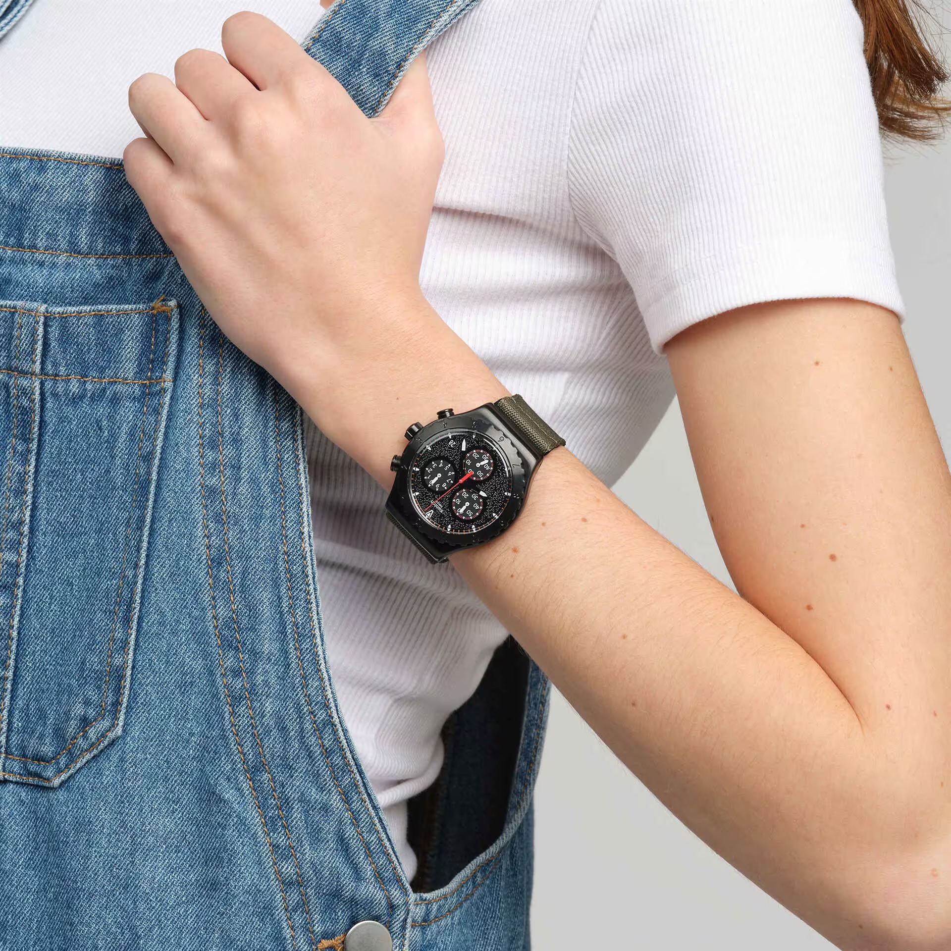SWATCH Irony Chronograph Power Of Nature The Bonfire 43mm Black Stainless Steel Khaki Combined Materials Strap YVB416 - 10
