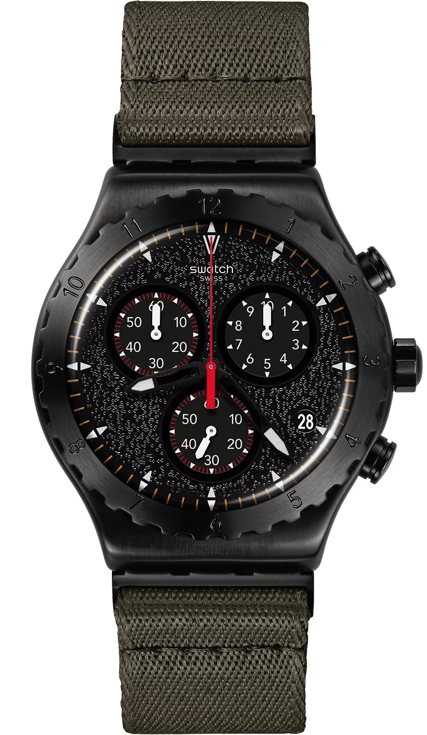 SWATCH Irony Chronograph Power Of Nature The Bonfire 43mm Black Stainless Steel Khaki Combined Materials Strap YVB416 - 1