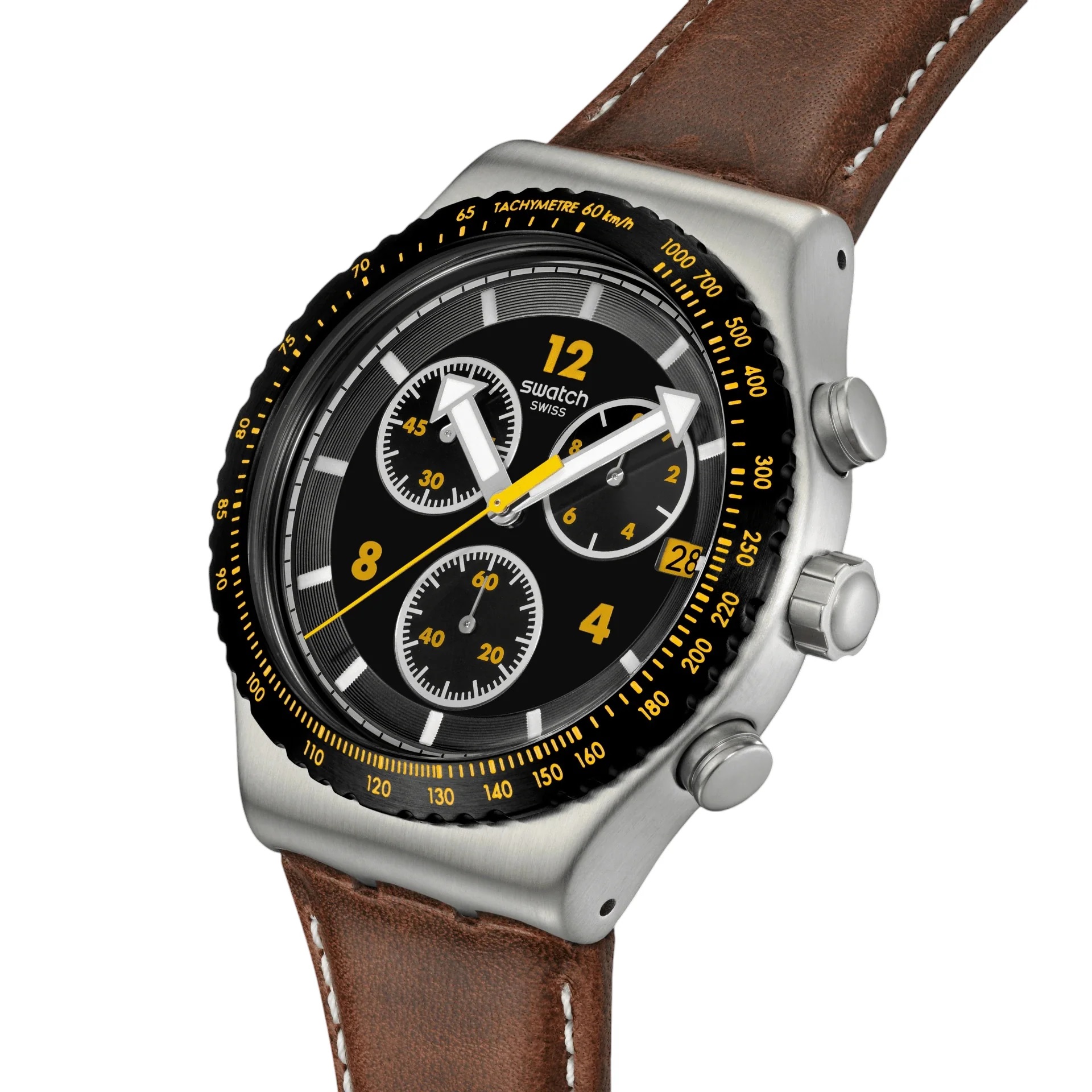 SWATCH Irony Chronograph Canyon Chaser 43mm Silver Stainless Steel Brown Leather Strap YVS530 - 