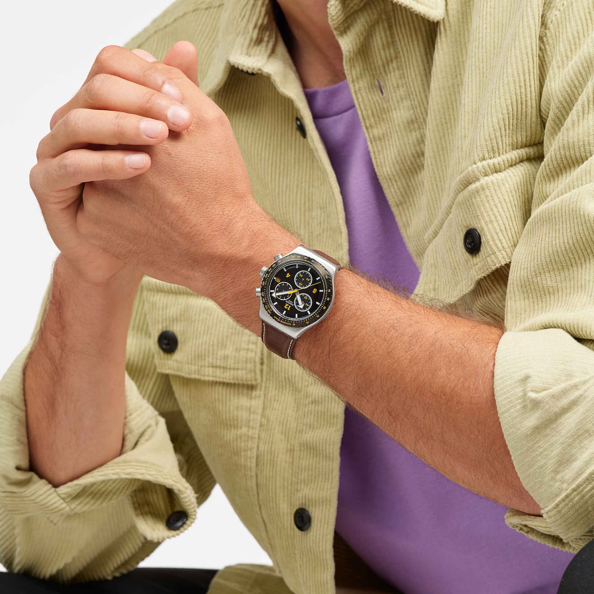 SWATCH Irony Chronograph Canyon Chaser 43mm Silver Stainless Steel Brown Leather Strap YVS530 - 4