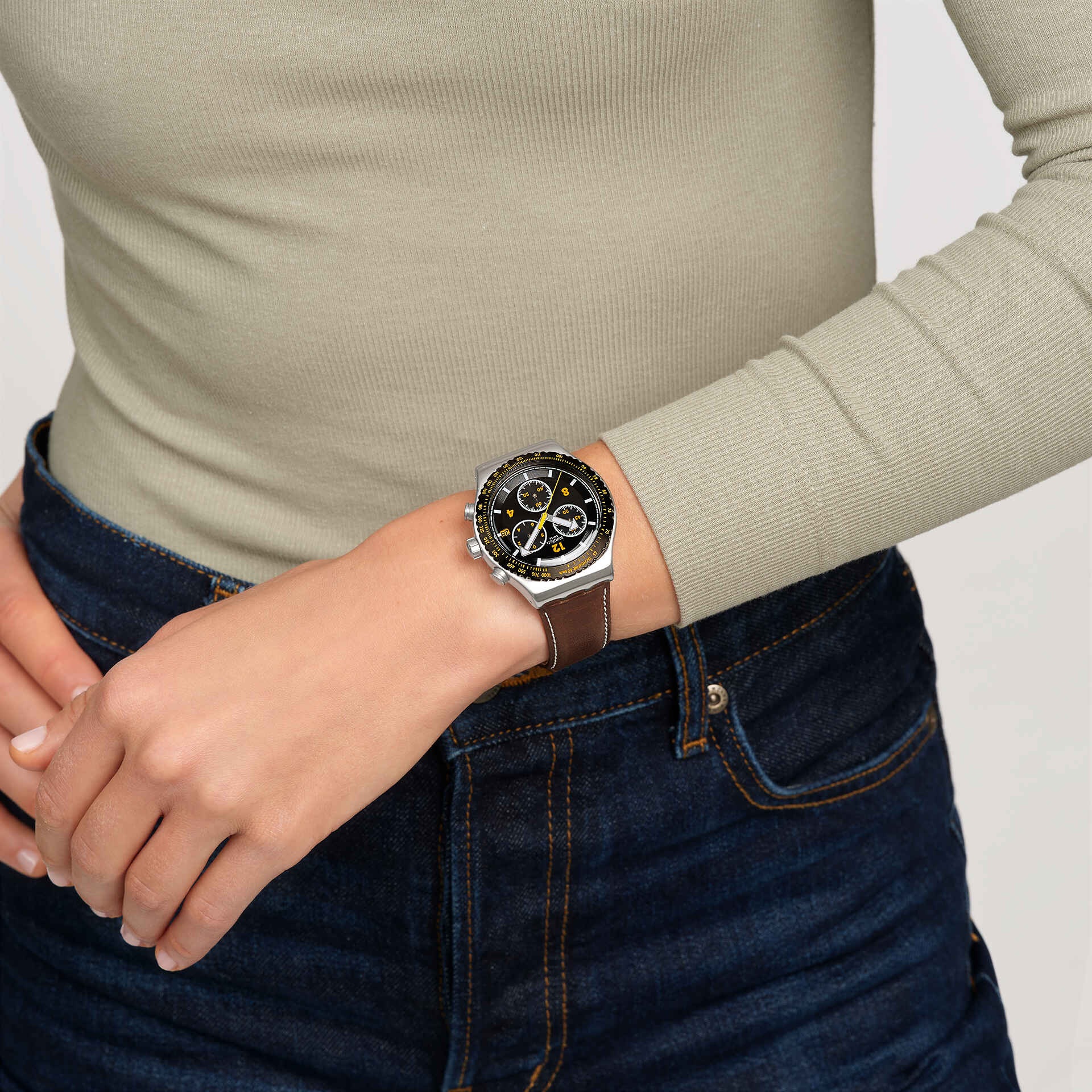 SWATCH Irony Chronograph Canyon Chaser 43mm Silver Stainless Steel Brown Leather Strap YVS530 - 5
