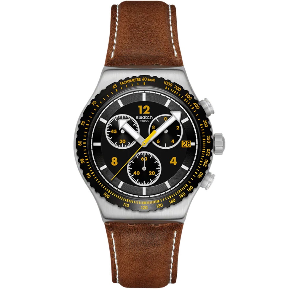 SWATCH Irony Chronograph Canyon Chaser 43mm Silver Stainless Steel Brown Leather Strap YVS530 - 