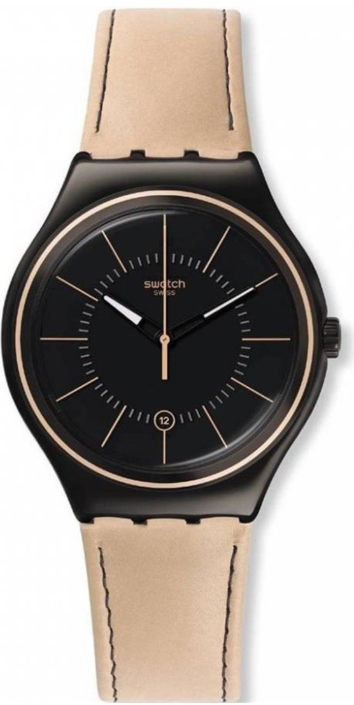 SWATCH Sand Storm III Three Hands 42.7mm Black Stainless Steel Brown Leather Strap YWB400 - 1
