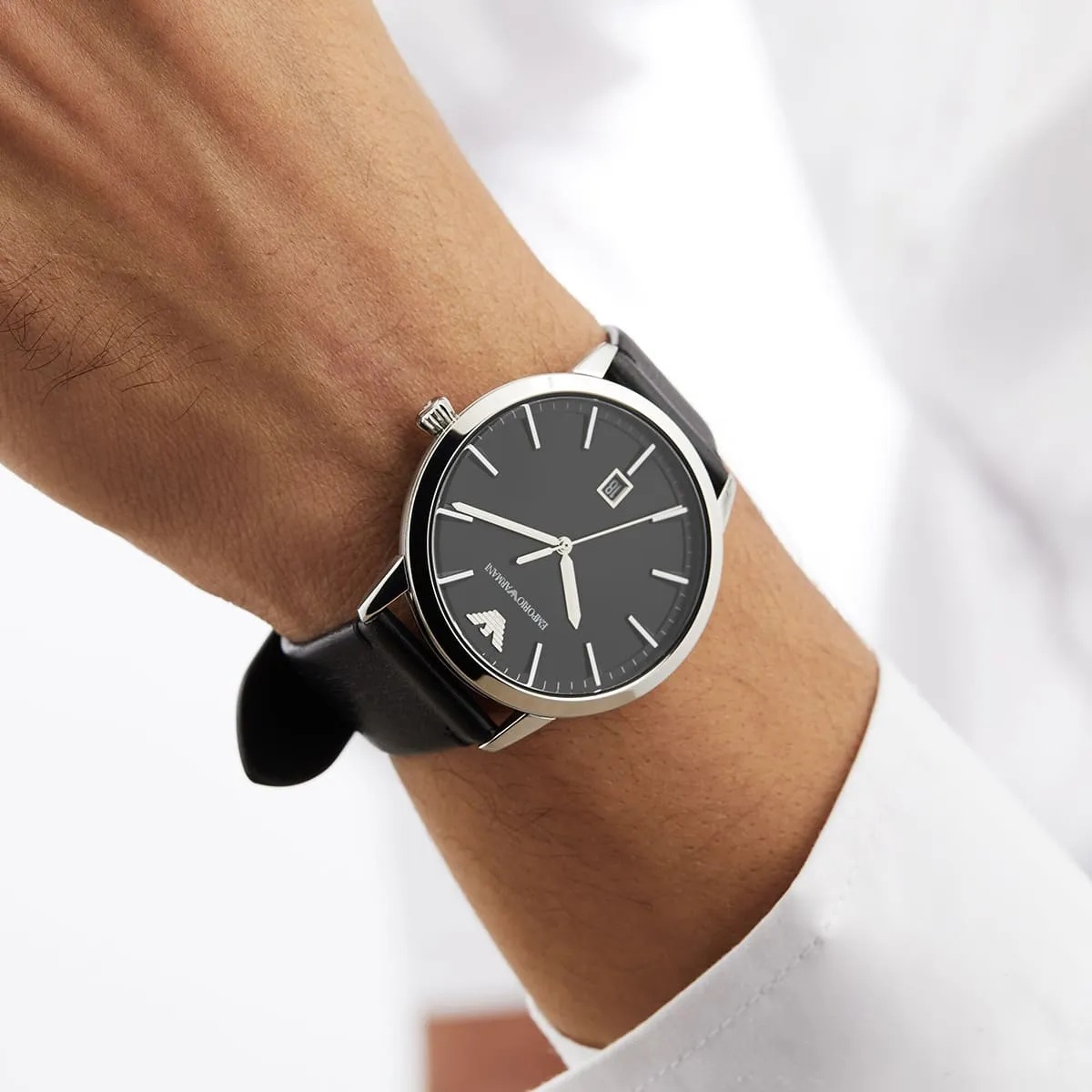 EMPORIO ARMANI Ruggero Black Dial 43mm Silver Stainless Steel Black Leather Strap AR11193 - 