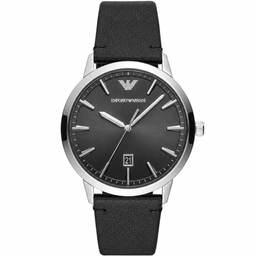 EMPORIO ARMANI Ruggero Black Dial 43mm Silver Stainless Steel Black Leather Strap AR11193 - 