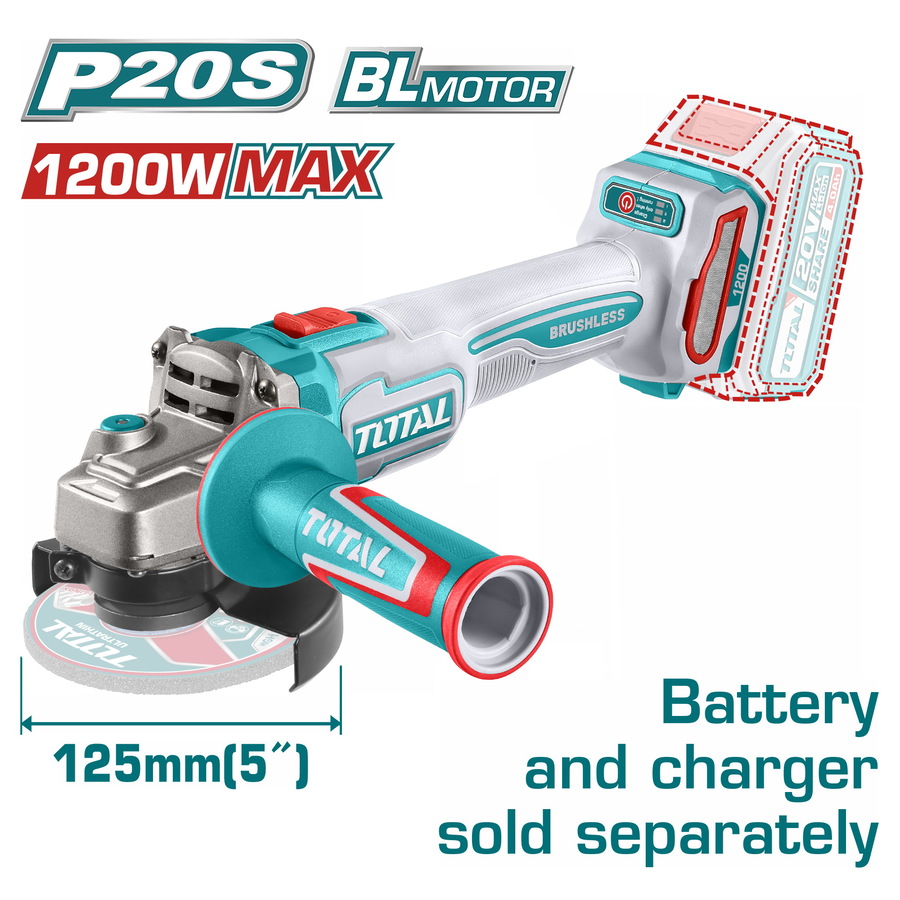 TOTAL ΕΠΑΓΓ. ΓΩΝΙΑΚΟΣ ΤΡΟΧΟΣ ΜΠΑΤ. Li-ion 20V / 125mm ΧΩΡΙΣ ΜΠΑΤΑΡΙΑ & ΦΟΡΤΙΣΤΗ (TAGLI221253) - 